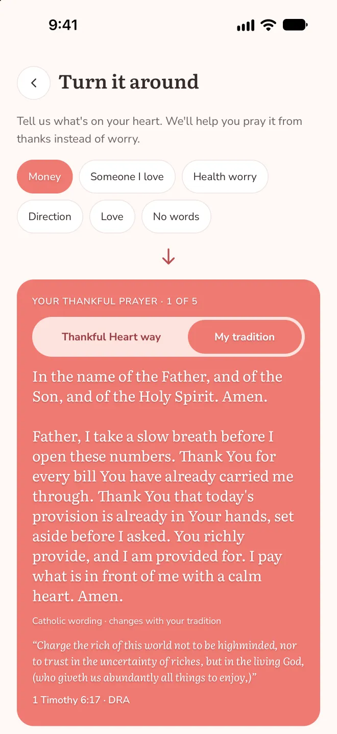 Turn it around screen: choose a worry like money or a health worry, then read a thankful prayer for it