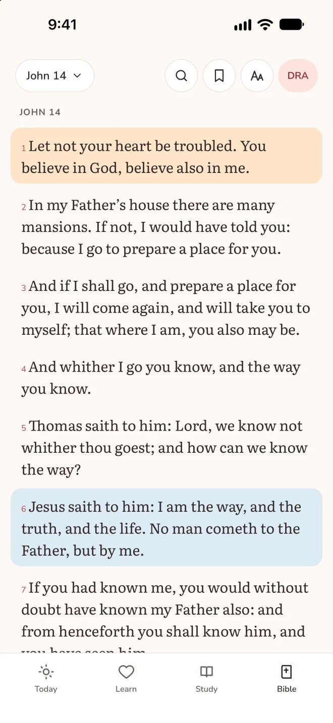 Bible reader showing John 14 with two highlighted verses