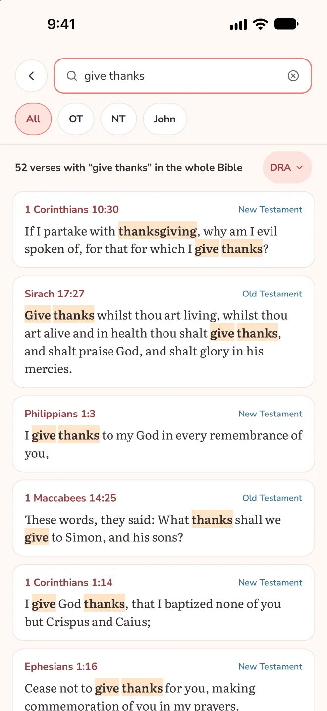 Bible search for the words give thanks, listing verses from 1 Corinthians, Sirach, Philippians and more