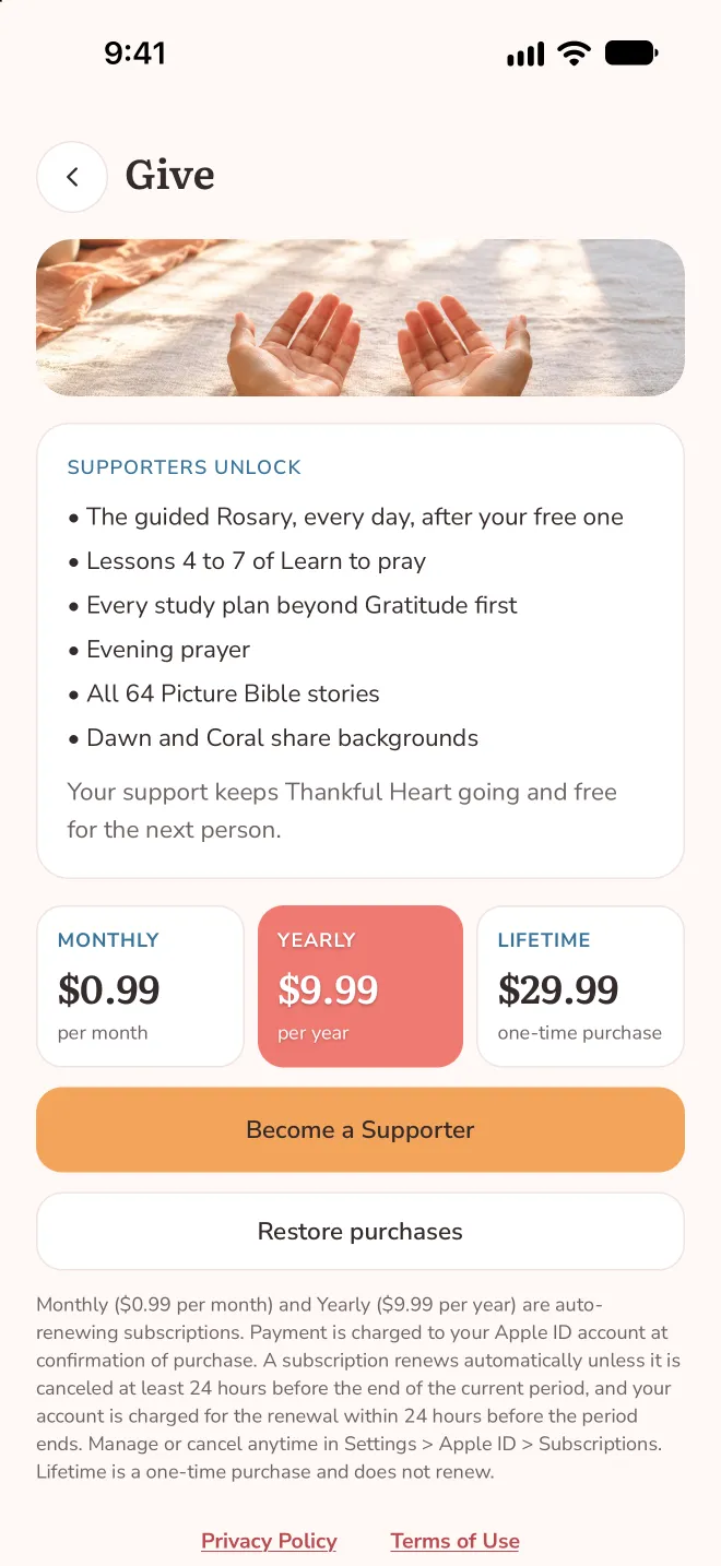 Give screen in the app: what Supporters unlock, monthly $0.99, yearly $9.99 and lifetime $29.99, with a Become a Supporter button
